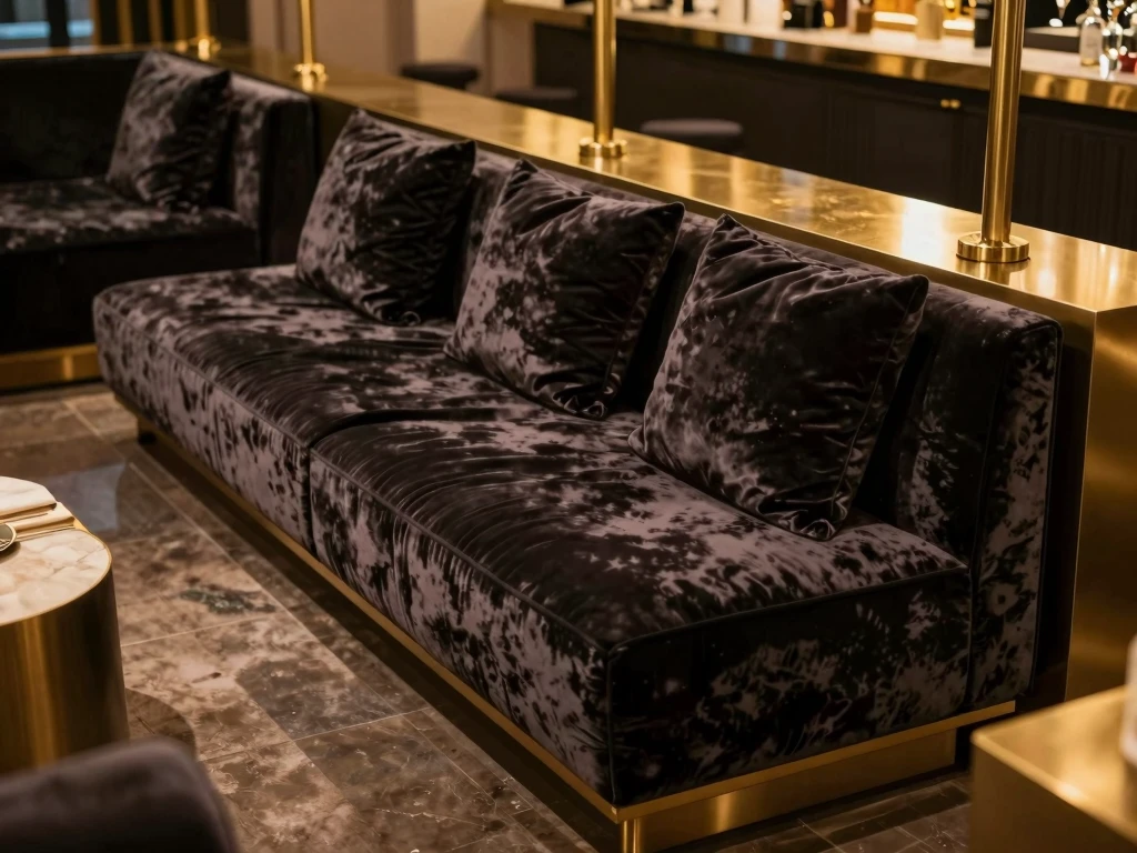Luxurious velvet lounge seating in burnished brass